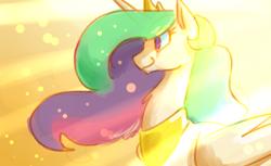 Size: 900x550 | Tagged: safe, artist:goat train, princess celestia, alicorn, pony, crepuscular rays, crown, ethereal mane, horn, jewelry, pink eyes, profile, regalia, smiling, solo, tiara, white coat, wings