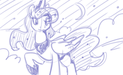 Size: 900x550 | Tagged: safe, artist:goat train, princess luna, alicorn, pony, monochrome, moon, raised hoof, sketch, solo