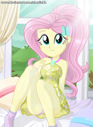 Size: 643x873 | Tagged: safe, alternate version, artist:charliexe, fluttershy, equestria girls, adorasexy, clothes, crepuscular rays, cute, digital art, dress, female, legs, panties, panty shot, pink underwear, sexy, shyabetes, sitting, smiling, solo, thighs, underwear, updated, upskirt, url