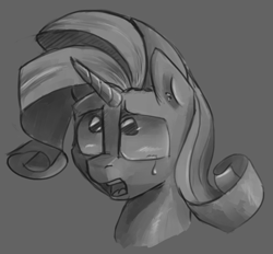 Size: 1649x1527 | Tagged: safe, artist:post-it, rarity, pony, unicorn, abuse, bust, colored sketch, crying, monochrome, painting, portrait, sketch, solo