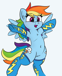 Size: 958x1174 | Tagged: safe, artist:jargon scott, color edit, edit, rainbow dash, pegasus, pony, belly button, both cutie marks, clothes, colored, cute, dashabetes, female, i can't believe it's not pabbley, mare, open mouth, socks, solo, spread wings, style emulation, wings