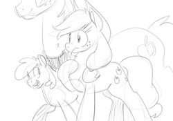 Size: 1000x700 | Tagged: safe, artist:goat train, apple bloom, applejack, big macintosh, earth pony, pony, apple siblings, male, monochrome, question mark, raised hoof, sketch, stallion