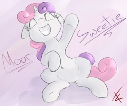 Size: 934x779 | Tagged: safe, artist:crade, sweetie belle, belly button, eyes closed, floppy ears, happy, moar, raised leg, smiling, underhoof