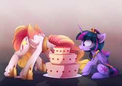 Size: 2560x1811 | Tagged: safe, artist:magnaluna, edit, princess celestia, twilight sparkle, twilight sparkle (alicorn), alicorn, pony, alternate hairstyle, cake, cakelestia, cropped, cute, cutelestia, duo, eating, female, food, jewelry, majestic as fuck, mare, mouth hold, regalia, twiabetes, wavy mouth