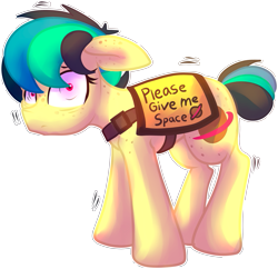 Size: 909x879 | Tagged: safe, artist:amura-of-jupiter, oc, oc only, oc:apogee, earth pony, pony, adorable distress, behaving like a dog, communicoat, cute, female, floppy ears, looking at you, mare, meme, nervous, outfit, ponified animal photo, ponified meme, service dog, service pony, shaking, shivering, shy, simple background, solo, text, transparent background