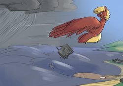 Size: 1000x700 | Tagged: safe, artist:goat train, oc, oc only, oc:patches, pony, commission, destruction, flying, giant pony, large wings, macro, sketch, wave