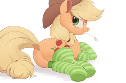 Size: 1500x992 | Tagged: safe, artist:ncmares, applejack, earth pony, pony, /mlp/, applebutt, applejack's hat, butt, butt freckles, chest fluff, clothes, cowboy hat, cute, dock, ear fluff, female, freckles, hat, jackabetes, looking back, lying down, mare, plot, profile, simple background, smiling, socks, solo, straw in mouth, striped socks, white background