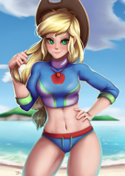 Size: 706x1000 | Tagged: safe, artist:the-park, applejack, human, equestria girls, adorasexy, applejack's hat, beach, beach babe, belly button, clothes, cloud, cowboy hat, cute, female, geode of super strength, hat, human coloration, jackabetes, looking at you, magical geodes, midriff, ocean, sexy, sky, smiling, solo, swimsuit