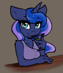 Size: 963x1115 | Tagged: safe, artist:arjinmoon, princess luna, alicorn, anthro, alcohol, bust, cheek fluff, clothes, cocktail glass, dress, drink, drinking, explicit source, female, looking at you, mare, martini, olive, shoulder fluff, solo