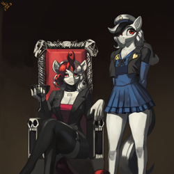 Size: 4000x4000 | Tagged: safe, artist:nsilverdraws, oc, oc:razlad, oc:strelka, anthro, costume, female, helix horn, jacket, jojo, looking at you, mane, mother and child, mother and daughter, paitning, parent and child, raz clan, rebrandth, resting, sailour hat, simple background, skull throne, smile, smug, socks, throne