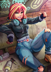 Size: 1414x2000 | Tagged: safe, artist:fidzfox, sunset shimmer, human, equestria girls, clothes, female, fingerless gloves, gloves, headphones, humanized, jacket, looking at you, rebel, shoes, solo, torn clothes, torn jeans, vulgar