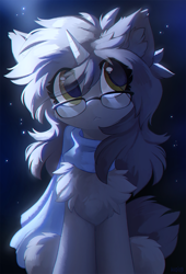 Size: 868x1280 | Tagged: safe, artist:hioshiru, oc, oc only, oc:kate, pony, unicorn, :<, cheek fluff, chest fluff, clothes, cute, dark blue background, ear fluff, eye clipping through hair, female, fluffy, glasses, horn, mare, ocbetes, scarf, simple background, sitting, solo, stars