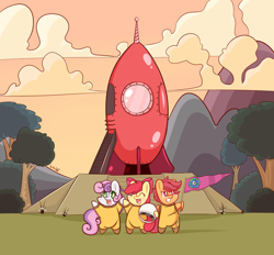 Size: 1950x1813 | Tagged: safe, artist:dsp2003, apple bloom, scootaloo, sweetie belle, pony, 2014, astronaut, bipedal, chibi, cute, cutie mark crusaders, flag, kerbal space program, lifeloser-ish, rocket, style emulation, this will end in space, this will end in tears and/or death and/or covered in tree sap, tree sap and pine needles