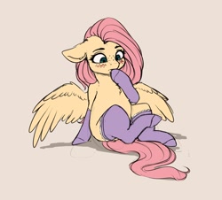 Size: 2616x2365 | Tagged: safe, artist:miokomata, fluttershy, pegasus, pony, semi-anthro, blushing, chest fluff, clothes, cute, female, floppy ears, freckles, mare, sexy, shyabetes, simple background, socks