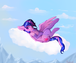 Size: 3218x2661 | Tagged: safe, artist:miokomata, twilight sparkle, twilight sparkle (alicorn), alicorn, pony, adorkable, blushing, clothes, cloud, cute, dork, female, lying down, lying on a cloud, mare, on back, sexy, socks, stockings, thigh highs, twiabetes