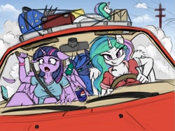 Size: 1189x892 | Tagged: safe, artist:lightly-san, princess celestia, princess luna, twilight sparkle, twilight sparkle (alicorn), alicorn, anthro, car, coke, drink, driving, eurobeat, female, open mouth, pepsi, scared, sketch, soda, this will end in property damage, vacation