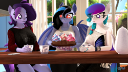Size: 1920x1080 | Tagged: safe, artist:anthroponiessfm, oc, oc:aurora starling, oc:midnight grave, oc:raven storm, anthro, bat pony, earth pony, pony, 3d, anthro oc, bat pony oc, bat wings, clothes, cup, cupcake, cute, female, food, glasses, grin, shirt, sleeveless, sleeveless shirt, smiling, source filmmaker, suprised look, tail, tea, teacup, teapot, wings