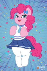 Size: 2000x3000 | Tagged: safe, artist:eqlearq, pinkie pie, earth pony, pony, abstract background, bipedal, bow, clothes, confetti, female, high res, movie accurate, patreon, patreon logo, school uniform, schoolgirl, solo, stockings, thigh highs