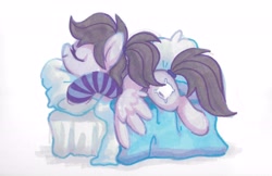 Size: 5354x3480 | Tagged: safe, artist:dawnfire, oc, oc only, oc:pillow case, pegasus, pony, bed, blanket, clothes, cozy, cute, female, hoodie, lying down, mare, marker drawing, ocbetes, pillow, ponies in earth, ponytail, prone, side view, simple background, sleeping, socks, solo, sploot, striped socks, traditional art, white background, wings