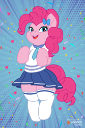 Size: 2000x3000 | Tagged: safe, artist:eqlearq, pinkie pie, earth pony, pony, abstract background, bipedal, bow, clothes, confetti, cute, diapinkes, female, high res, patreon, patreon logo, school uniform, schoolgirl, socks, solo, stockings, thigh highs, zettai ryouiki