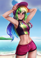 Size: 706x1000 | Tagged: safe, artist:the-park, rainbow dash, human, equestria girls, adorasexy, armpits, beach, beach babe, belly button, board shorts, cap, clothes, cloud, cute, dashabetes, female, geode of super speed, hat, human coloration, looking at you, magical geodes, midriff, ocean, sexy, shorts, sky, smiling, solo, swimsuit
