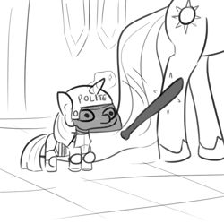 Size: 1080x1080 | Tagged: safe, artist:tjpones, princess celestia, twilight sparkle, unicorn twilight, alicorn, pony, unicorn, baseball bat, female, helmet, magic, mare, monochrome, police, police brutality, polite, telekinesis, twiggie, vibe check