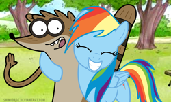 Size: 1280x768 | Tagged: safe, artist:shinodage, rainbow dash, pegasus, pony, crossover, regular show, rigby