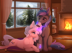 Size: 2700x2000 | Tagged: safe, artist:evehly, oc, oc only, oc:bubbly beaker, oc:clever cog, pegasus, pony, unicorn, commission, cute, drinking, duo, female, fireplace, forest, hoof fluff, leg fluff, levitation, lidded eyes, looking up, magic, male, mare, mountain, nuzzling, pillow, prone, scenery, shoulder fluff, sitting, snow, sofa, stallion, telekinesis, window