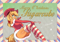 Size: 3109x2153 | Tagged: safe, artist:traupa, applejack, anthro, earth pony, pony, adorasexy, applerack, big breasts, blushing, breasts, candy, candy cane, christmas, chromatic aberration, clothes, costume, cute, evening gloves, food, gloves, hat, holiday, jackabetes, long gloves, postcard, santa costume, santa hat, schrödinger's pantsu, sexy, socks, solo, stockings, striped socks, sugar cane, thigh highs, thighs