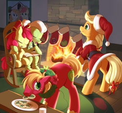 Size: 1280x1183 | Tagged: safe, artist:dstears, apple bloom, applejack, big macintosh, bright mac, granny smith, pear butter, earth pony, pony, adorabloom, adorasmith, american gothic, apple family, apple siblings, brother and sister, christmas, christmas stocking, christmas wreath, cookie, cute, daaaaaaaaaaaw, digital art, eyes closed, family, female, filly, fireplace, food, grandmother and granddaughter, grandmother and grandson, hat, holiday, macabetes, male, mare, milk, mouth hold, rocking chair, santa hat, siblings, sisters, sleeping, smiling, stallion, wreath