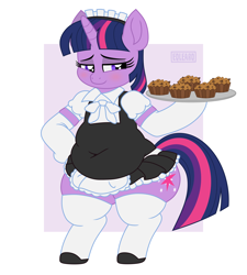 Size: 4500x5000 | Tagged: safe, artist:eqlearq, twilight sparkle, unicorn twilight, pony, unicorn, absurd resolution, apple brown betty (food), belly, bipedal, blushing, chubby, chubby twilight, clothes, cute, fat, female, food, lidded eyes, maid, mare, movie accurate, plate, twiabetes, twilard sparkle, wide hips