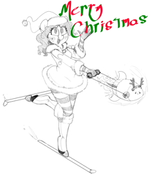 Size: 1205x1391 | Tagged: safe, artist:whydomenhavenipples, oc, oc only, oc:nikita, anthro, unguligrade anthro, blushing, christmas, hat, looking at you, monochrome, neo noir, open mouth, partial color, raised leg, rocket, santa hat, simple background, skis, smiling, solo, waving, white background