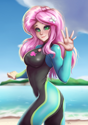 Size: 706x1000 | Tagged: safe, artist:the-park, fluttershy, human, equestria girls, adorasexy, beach, beach babe, beautiful, boobs and butt pose, clothes, cloud, cute, female, geode of fauna, human coloration, looking at you, magical geodes, ocean, sexy, shyabetes, sky, smiling, solo, swimsuit, waving, wetsuit