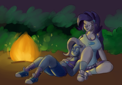 Size: 1000x700 | Tagged: safe, artist:goat train, rarity, trixie, equestria girls, legend of everfree, breasts, camper, campfire, cleavage, clothes, commission, converse, cute, female, lesbian, raritits, rarixie, shipping, shoes, shorts, sitting, sneakers, socks