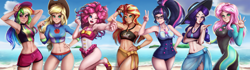 Size: 2844x800 | Tagged: safe, artist:the-park, applejack, fluttershy, pinkie pie, rainbow dash, rarity, sci-twi, sunset shimmer, twilight sparkle, human, equestria girls, armpits, beach, belly button, cap, clothes, female, hat, human coloration, humane five, humane seven, humane six, line-up, ocean, shorts, sky, swimsuit