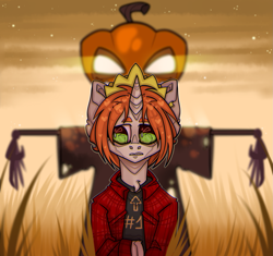 Size: 1509x1419 | Tagged: safe, artist:honeytoxant, oc, oc only, oc:etoz, pony, unicorn, clothes, crown, female, horn, jewelry, mare, pumpkin, regalia, sad, scarecrow, shirt, t-shirt