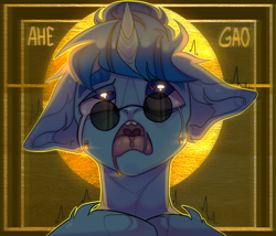 Size: 1405x1200 | Tagged: safe, artist:honeytoxant, oc, oc only, pony, unicorn, abstract background, ahegao, bust, crying, drool, eyes rolling back, heart eyes, horn, open mouth, solo, sunglasses, tears of pleasure, unicorn oc, wingding eyes, ych result