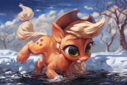 Size: 1200x800 | Tagged: safe, artist:assasinmonkey, applejack, earth pony, pony, cold, cowboy hat, female, freckles, hat, mare, outdoors, snow, solo, tree, water