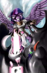 Size: 1500x2318 | Tagged: safe, artist:paleheart-arts, king sombra, twilight sparkle, twilight sparkle (alicorn), alicorn, anthro, unicorn, armor, fight, flying, gritted teeth, magic, tunic