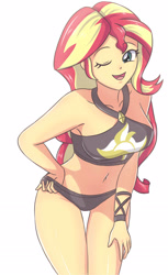 Size: 1399x2283 | Tagged: safe, artist:sumin6301, sunset shimmer, equestria girls, adorasexy, belly button, bikini, breasts, clothes, cute, female, one eye closed, open mouth, sexy, shimmerbetes, simple background, solo, summer sunset, swimsuit, white background, wink