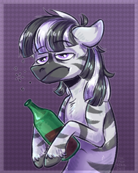 Size: 800x1000 | Tagged: safe, artist:pur-fox stardust, oc, oc only, oc:garbhán, zebra, abstract background, alcohol, beer, beer bottle, drunk, unshorn fetlocks, zebra oc