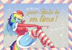 Size: 3103x2146 | Tagged: safe, artist:traupa, rainbow dash, anthro, adorasexy, big breasts, blushing, breasts, candy, candy cane, christmas, chromatic aberration, clothes, costume, cute, dashabetes, engrish, evening gloves, food, gloves, hat, holiday, long gloves, one eye closed, postcard, rainboob dash, santa costume, santa hat, schrödinger's pantsu, sexy, socks, solo, stockings, striped socks, stupid sexy rainbow dash, sugar cane, thigh highs, thighs, wink