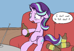 Size: 432x303 | Tagged: safe, artist:skitter, starlight glimmer, pony, unicorn, alcohol, cropped, cutie mark, duo, female, indoors, magic, reaction image, sofa, talking, telekinesis, television, traumatized