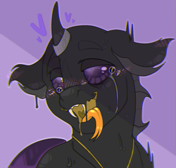 Size: 1125x1074 | Tagged: safe, artist:honeytoxant, oc, oc only, changeling, abstract background, ahegao, blushing, bust, changeling oc, crying, drool, ear fluff, fangs, forked tongue, heart, horn, horn ring, open mouth, purple changeling, solo, sweat, tears of pleasure, tongue out, ych result