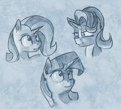 Size: 2297x2061 | Tagged: safe, artist:post-it, starlight glimmer, trixie, twilight sparkle, pony, unicorn, bust, colored sketch, lidded eyes, monochrome, portrait, sketch, sketch dump