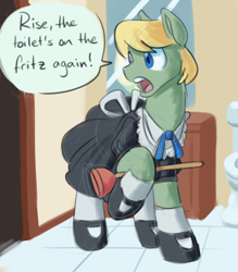 Size: 700x800 | Tagged: safe, artist:goat train, oc, oc only, oc:bear trap, bathroom, clothes, dialogue, maid, mirror, open mouth, plunger, solo, speech bubble, toilet