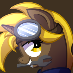 Size: 600x600 | Tagged: safe, artist:wingedwolf94, oc, oc only, oc:golden gear, pony, unicorn, bust, female, goggles, icon, lookinat you, mare, mouth hold, portrait, simple background, solo, vector, wrench, ych result