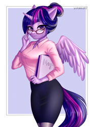 Size: 2952x4000 | Tagged: safe, artist:yutakira92, twilight sparkle, twilight sparkle (alicorn), alicorn, anthro, abstract background, adorkable, alternate hairstyle, big breasts, book, breasts, clothes, cute, dork, female, glasses, hair bun, heart eyes, looking at you, mare, pantyhose, pencil skirt, shirt, skirt, solo, teacher, twiabetes, wingding eyes, wings