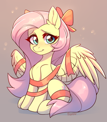 Size: 1761x2000 | Tagged: safe, artist:fensu-san, fluttershy, pegasus, pony, bow, christmas, cute, ear fluff, female, gift wrapped, holiday, mare, present, ribbon, shyabetes, sitting, solo, spread wings, wings