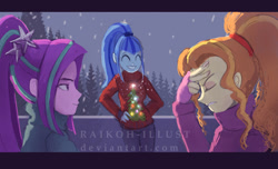 Size: 1100x669 | Tagged: safe, artist:raikoh, adagio dazzle, aria blaze, sonata dusk, equestria girls, christmas, christmas sweater, clothes, cute, female, holiday, snow, snowfall, sonatabetes, sweater, the dazzlings